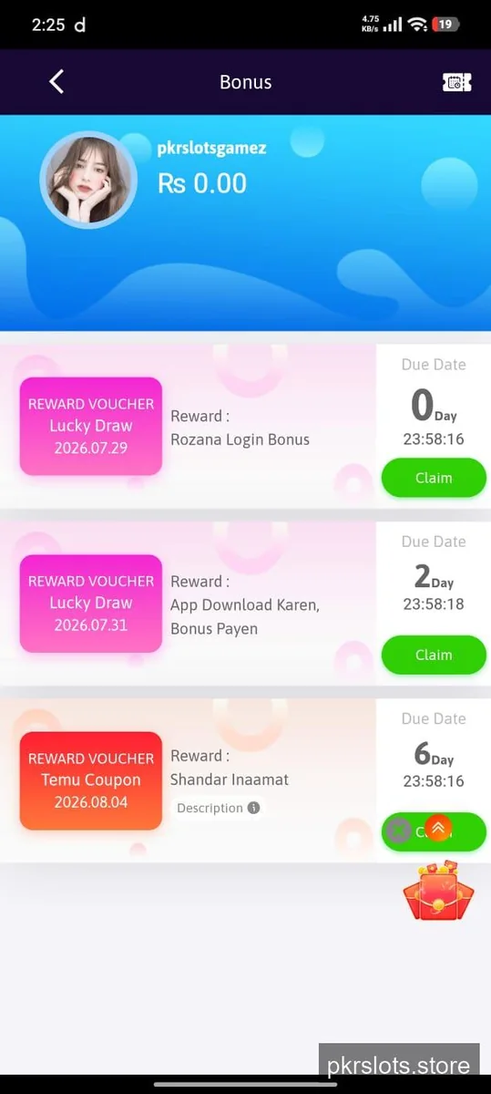 PKR Slots bonus screen showing reward vouchers for daily login bonus and app download bonus with countdown timers