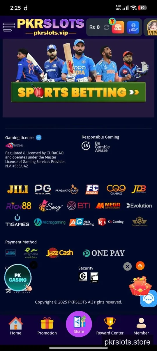 PKR Slots homepage showing Curacao gaming licence number 365 JAZ, sixteen game providers including Evolution and Microgaming, and JazzCash Easypaisa payment methods